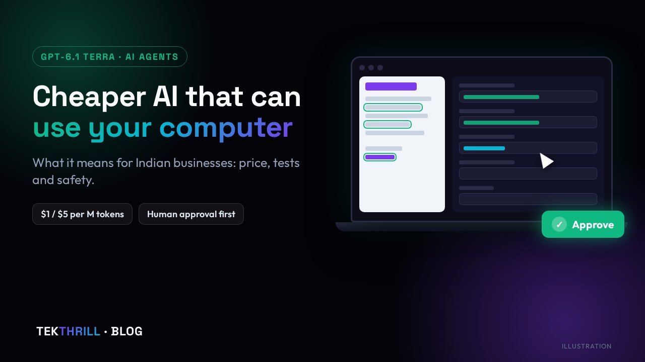 Illustration: an AI cursor filling in an invoice form on a laptop screen, with a person approving the result